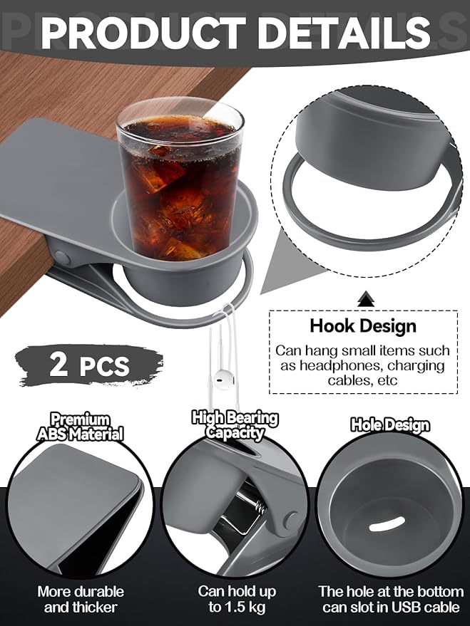 2PCS Drinking Cup Holder, Kalolary Desk Bottle Cup Stand DIY Glass Clamp Storage Saucer Clip Water Coffee Mug Holder Saucer Clip Design for Home & Office, Grey