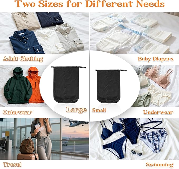 Travel Laundry Bags, 2 Pcs Waterproof Dry Wet Bags, Dirty Clothes Organizer with Handles, Collapsible Storage Bag for Workout Swimsuit Diaper Yoga Beach Bathing Camping