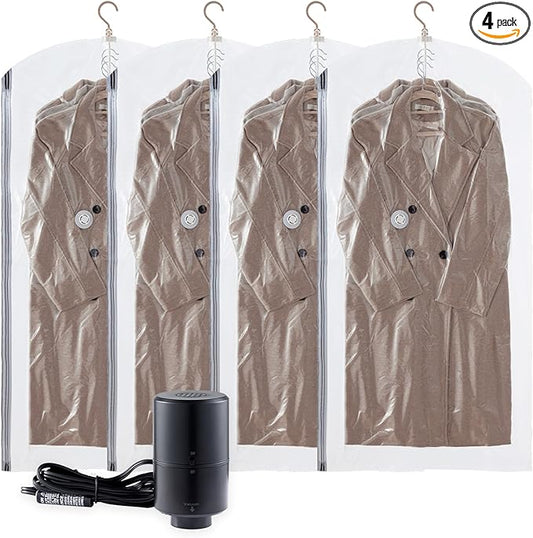 TAILI Hanging Vacuum Storage Bags with Electric Pump, Vacuum Seal Bags for Clothing Travel, Space Saver Closet Organizer for Clothes, Coats, Suits and Jackets, 4 Long (53x28 in)