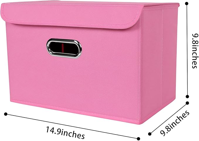 Linen Fabric Foldable Collapsible Storage Cube Bin Organizer Basket Fabric Storage Bins with Lid, Leather Handles, Removable Divider for Home, Closet, Pink 3Pcs