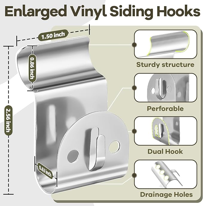 Vinyl Siding Hooks, 10-Pack Stainless Steel No Hole Vinyl Siding Clips, Holds up to 20lbs, Heavy Duty Siding Hooks for Hanging Outdoor, Double Clips for Wreaths, String Lights, Signs, Easter Decor