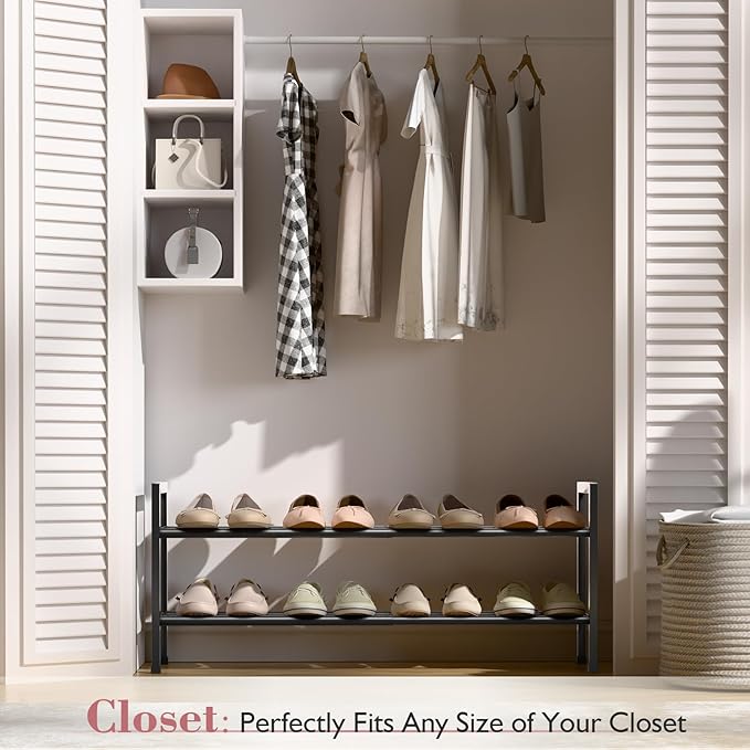 Bumusty 2 Tier Expandable Shoe Rack for Closet, 18"-33" Adjustable Shoe Rack for Small Space, Small Shoe Organizer for Front Door, Sturdy Metal, Black
