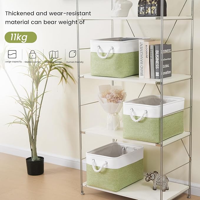 VQRTEXA Large Storage Baskets - 15x11x10 inch Storage Bins for Shelves and Closet Organizing, Foldable Fabric Bin for Home Organization Clothes and Laundry (1-Pack, White&Green)