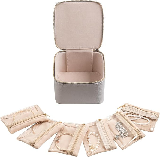 Frebeauty Small Travel Jewelry Box,Travel Jewelry Case with 6 Pouch Bags,Portable Travel Jewelry Organizer,Mini Jewelry Storage,3.35 x 4.9 x 4.8 Inches,Gift Idea for Women Girls (Grey)