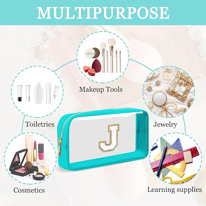 Small Clear Personalized Initial Makeup Bag,Nylon Preppy A-Z Chenille Letter Patch Cosmetic Pouch Beach Toiletry Bag,Waterproof Zipper Travel Purse Storage Bag Organizer for Women Girls(Cyan-White J)