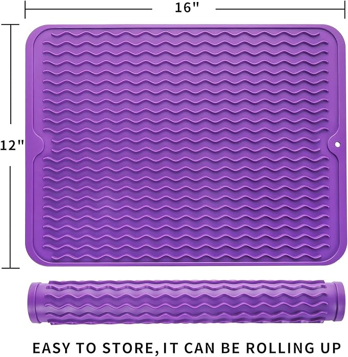 MicoYang Silicone Dish Drying Mat for Multiple Usage,Easy clean,Eco-friendly,Heat-resistant Silicone Mat for Kitchen Counter or Sink,Refrigerator or drawer liner Purple L 16 inches x 12 inches