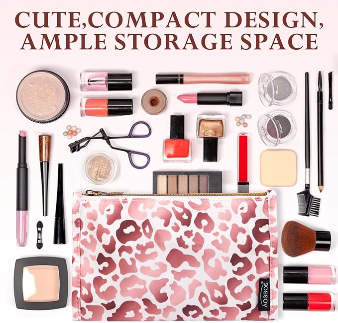 Aosbos Premium Small Makeup Bag, Compact Cosmetic Pouch, Travel-Size Make UP Case for Women, Leopard, Pink