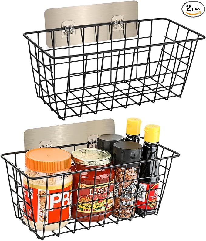 2 Pack Hanging Wall Basket Wire Storage Baskets, Adhesive Basket for Cabinet Door Organizer No Drilling, Hanging Fruit Baskets for Kitchen, Pantry Organization, Bathroom, Black