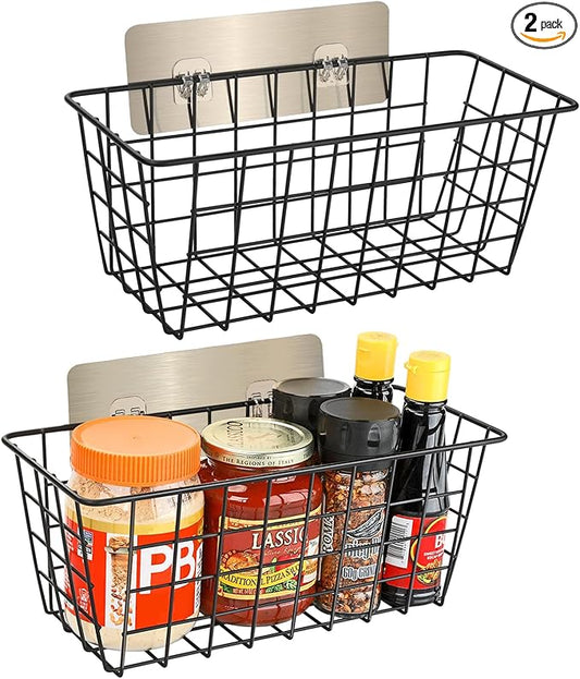 2 Pack Hanging Wall Basket Wire Storage Baskets, Adhesive Basket for Cabinet Door Organizer No Drilling, Hanging Fruit Baskets for Kitchen, Pantry Organization, Bathroom, Black