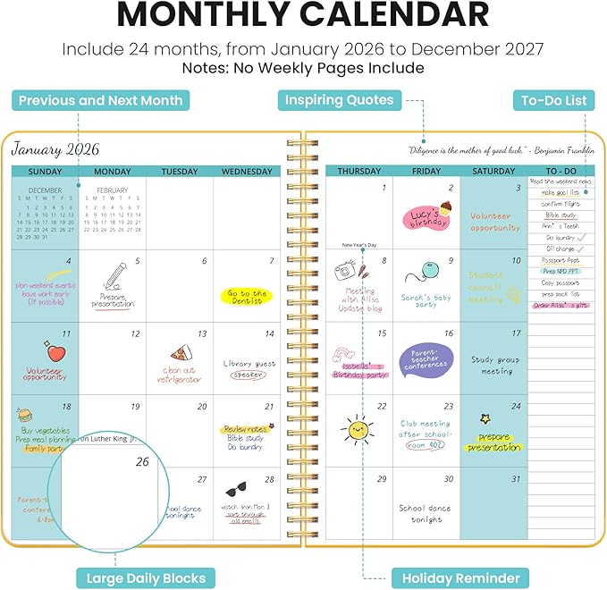Monthly Planner 2026-2027, 2 Year Months Calendar Planner 2026-2027, Runs from January 2026 - December 2027, 7" x 10", 24 Months, Perfect for School Office Home Planning - Yellow