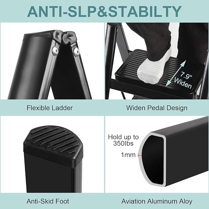 Upgraded 2-Step Ladder, 330 lbs Folding Aluminum Step Stool with Wide Anti-Slip Pedals, Lightweight & Portable Ladder for Kitchen, Closet, Office, Home Use - Black