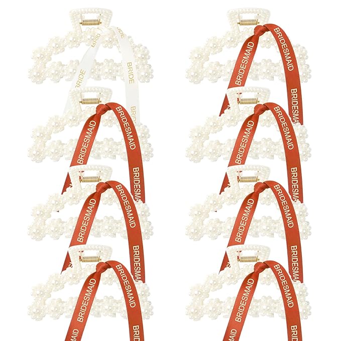 DEEKA Bridesmaid Proposal Gifts 8 Pack Pearl Bridesmaid Hair Claw Clips with Ribbon 3 Inch Hair Clips Bachelorette Party Favors Bridal Party Present Hair Accessories (Half Circle White&Orange)