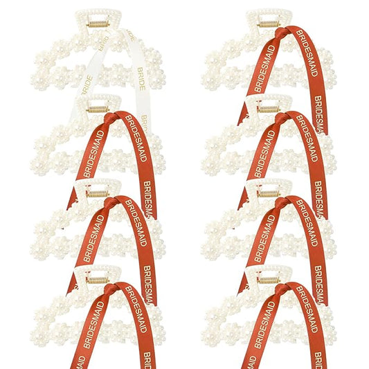 DEEKA Bridesmaid Proposal Gifts 8 Pack Pearl Bridesmaid Hair Claw Clips with Ribbon 3 Inch Hair Clips Bachelorette Party Favors Bridal Party Present Hair Accessories (Half Circle White&Orange)