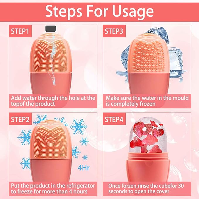 XHJRI Ice Face Roller Massager, Ice Cube Roller for Face, Eyes and Neck, Naturally Conditioning and Skin Care, De-Puff Eye Bags, Reduce Migraine Pain, Reusable Massage Silicone Ice Mold (New Pink)