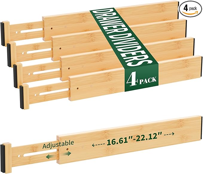 4 Pack Bamboo Drawer Dividers 2.6" High,17-22" Adjustable Spring Loaded Clothes Drawer Organizers for Kitchen, Dresser, Bathroom, Bedroom and Office