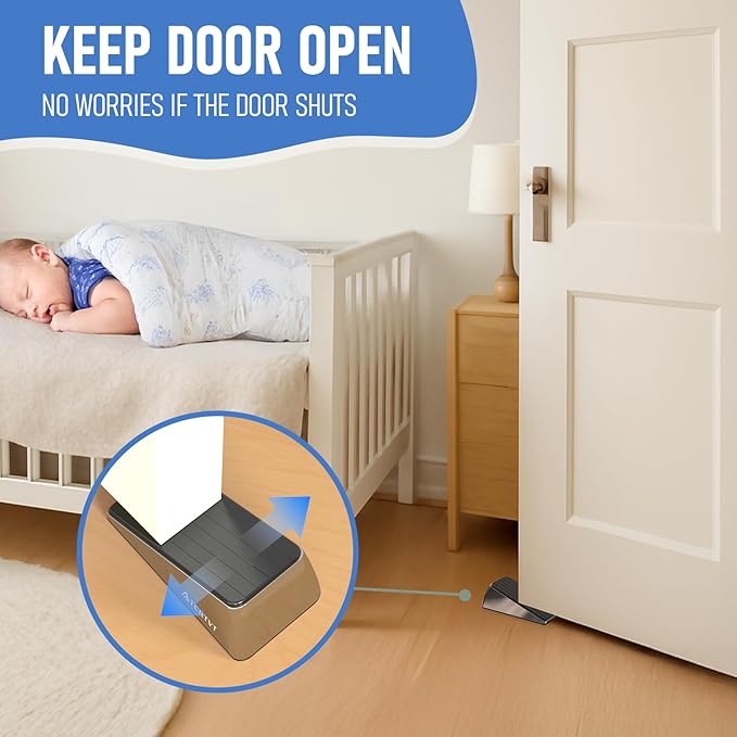 Heavy Duty Door Stopper Wedge - 1 Pack Widened Door Stop Wedge Made of Premium Quality Brushed Stainless Steel Suits Any Door, Any Floor with Set of 2 Plus Self-Adhesive Holder