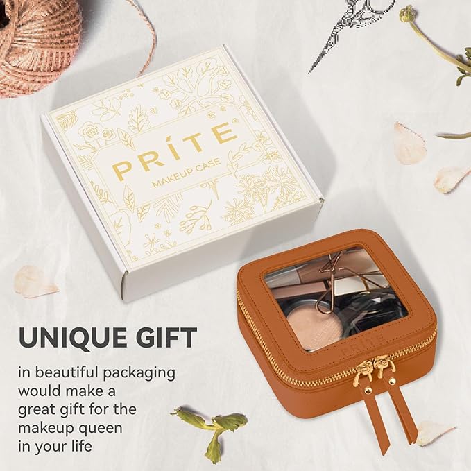 Prite Small Makeup Bag for Women Portable Clear Makeup Bag Cute Mini Waterproof Travel Cosmetic Bag with Gold Zipper for Car Essentials(Brown)
