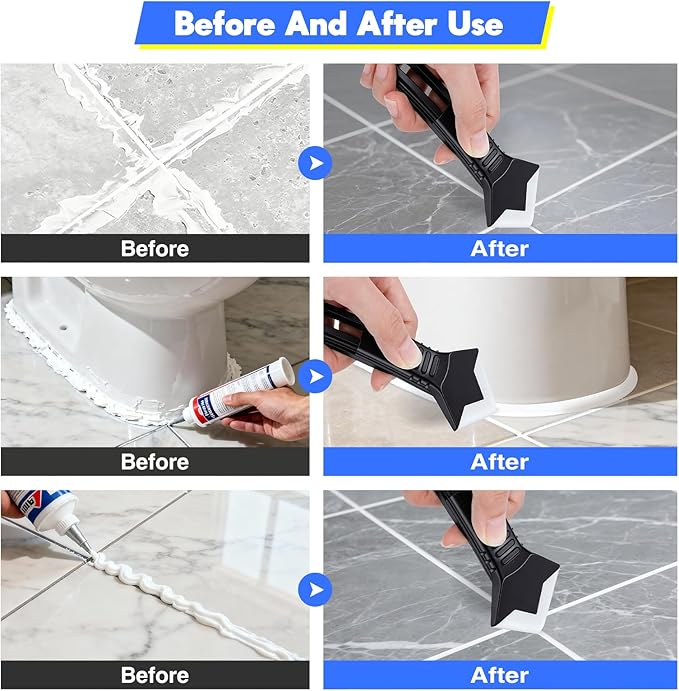 3 in 1 Silicone Caulking Tools, Glass Glue Angle Scraper, Stainless Steelhead Caulk Remover and Sealant Scraper, for Kitchen Bathroom Window and Frames Sealant Seals (Classic with Scraper — Set)