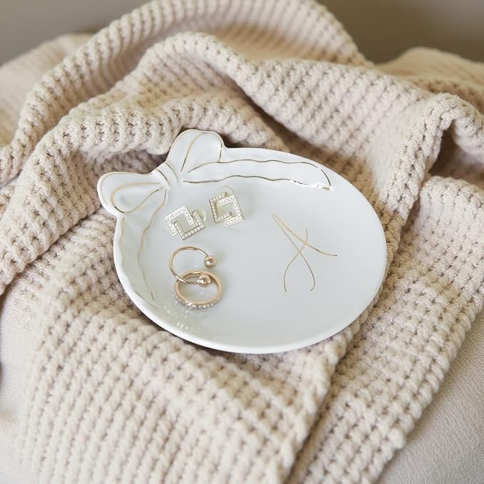 COLLECTIVE HOME - Personalized Initial Ceramic Jewelry Tray with Bow, Christmas Gift Ideas for Women, Small Gift for Girlfriend Wife, Ring Holder, Earrings Dish, Birthday Gift for Her (N)