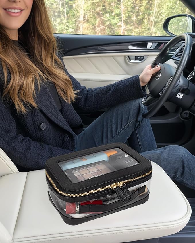 Clear Makeup Bag for Women, Small Portable Clear Makeup Bag Cute Waterproof Travel Cosmetic Case Makeup Pouch TSA Approved Toiletry Bag Women Traveling Car Organizer Car Essentials (Black, Standard)