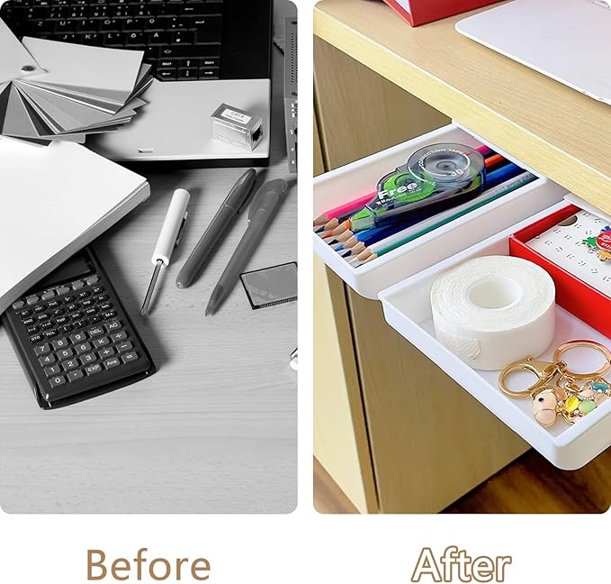 2 Packs Under Desk Drawers, Slide Out Drawer Attachment, Plastic Desk Accessories & Workspace Organizers, Self-Adhesive Hidden Desktop Pen Holder for Office School Home (White)