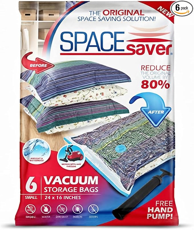 6 Pack Small Vacuum Storage Bags for Comforters, Blankets & Clothes – Vacuum Sealed Compression Bags with Hand Pump – Space Saver Storage Bags for Bedding, Moving, Travel & Organization