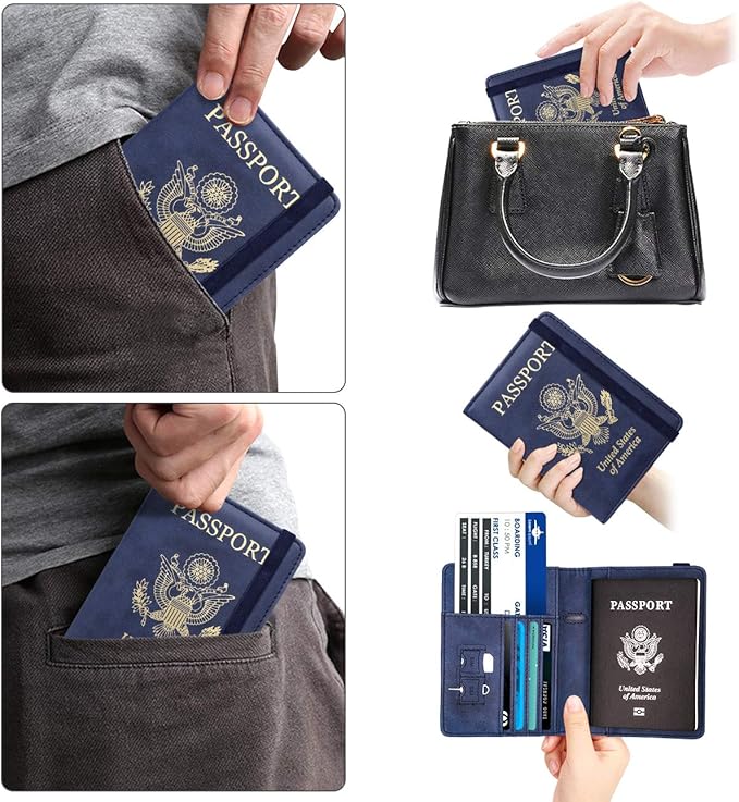 WALNEW Passport Holder for Travel, RFID Passport Cover Wallet for Women Men, PU Leather Passport Book Card Holder Case with Pen, Travelling Essentials for Flying