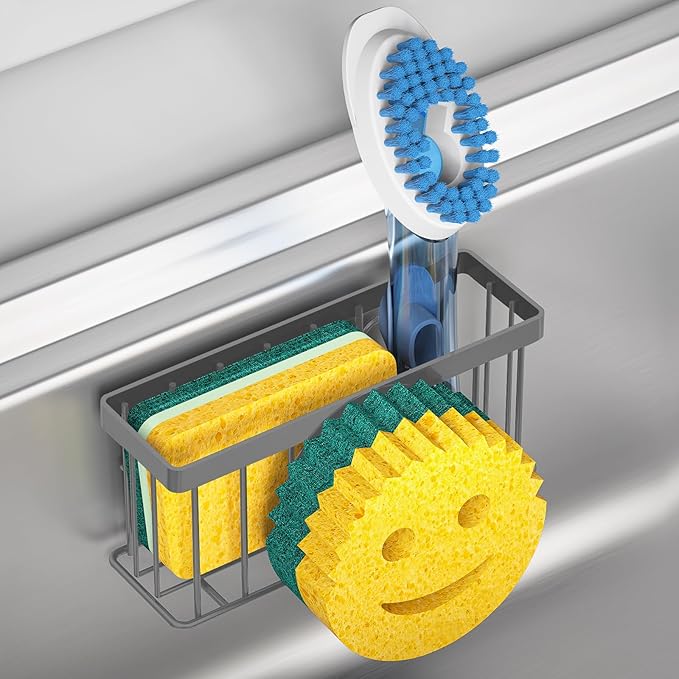 Sponge Holder Smiley Face, Sink Caddy for Kitchen Sink, Sponge Holder with 2 PCS Suction Cups/1 PCS Adhesive Strips, Designed for Sponge, Soap, Dish Brush, Scrubber - Charcoal Gray