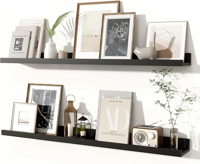 Fun Memories Picture Ledge Shelves Set of 2, 36 Inch Rustic Wall Mounted Floating Shelves with Lip for Home Storage and Decor in Bathroom, Kitchen, Nursery, Bedroom, Living Room, Black