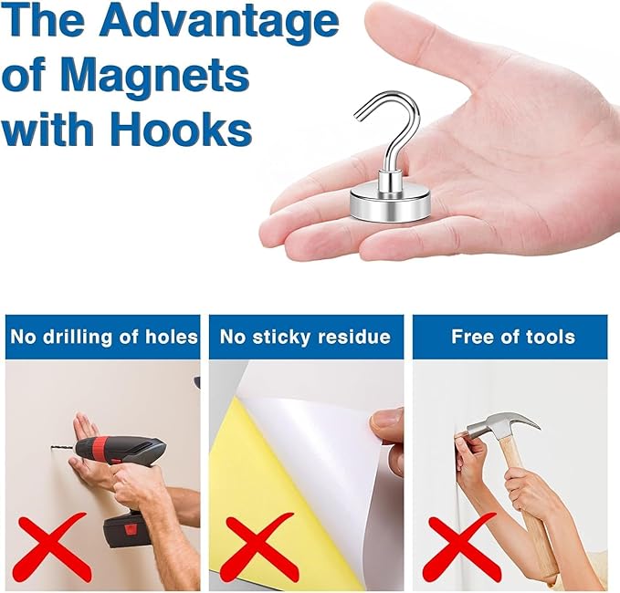 LOVIMAG Magnetic Hooks for Hanging, 30lbs Magnet Hooks for Cruise Ship Essentials, Strong Magnets for Classroom, Rare Earth Magnets with Hooks for Cruise Must Haves, Camper, Locker,Ceiling-15 Pcs