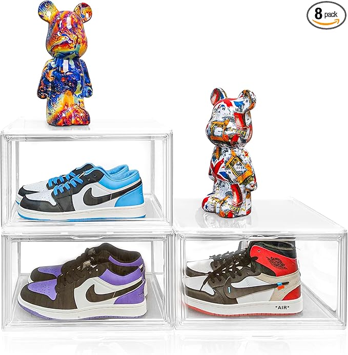 8 Pack Shoe Storage Organizer for Closet, Size 12.5 Sneaker Display Case Clear Stackable Plastic Shoe Boxes with Magnetic Acrylic Door, Fit up to US Size 12.5
