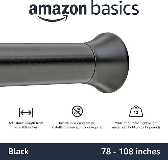 Amazon Basics No Drilling Spring Tension Curtain Rod, Adjustable 78-108" Width, Classic Finial, Black