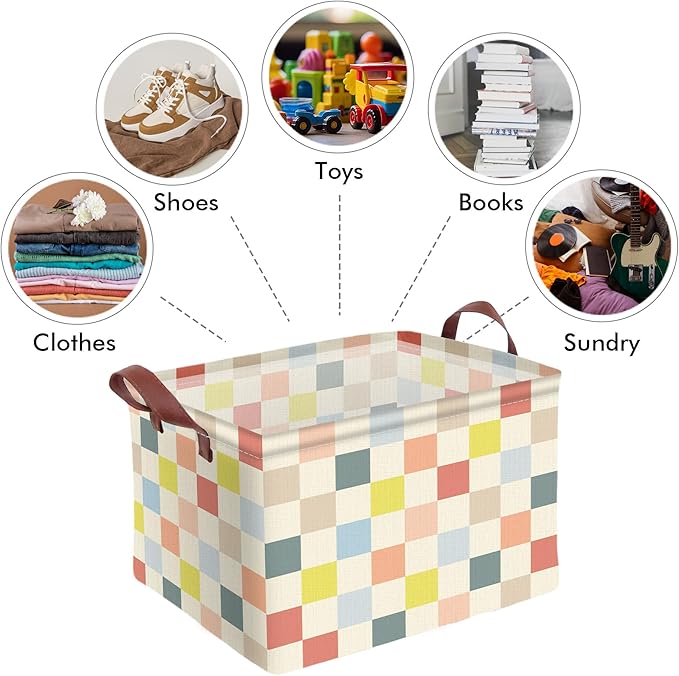 Colorful Checkered Basket Waterproof Canvas Toy Storage Bin Checkered Room Decor Collapsible Outdoor Basket with Leather Handles Colorful Decor Blanket Baskets For Closets,Bedrooms,Gifts Baskets
