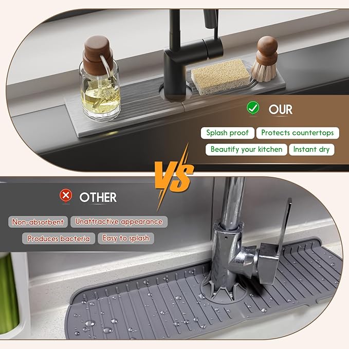 Faucet Mat for Kitchen Sink, Diatomite Quick Drying Tray, 15.8 Inch Kitchen Sink Splash Guard and Bathroom Stone Tray for Counter. Super Absorbent. Deep Grey