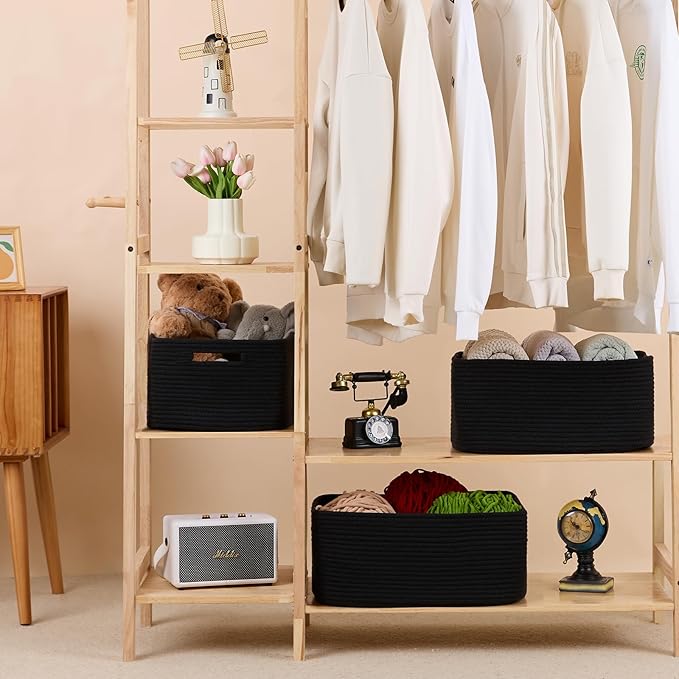 MiniArk Large Storage Baskets for Shelves, Closet Organizers Bins for Clothes Blanket Towels, Baby Nursery, Toy Baskets Box, Woven Rope Baskets, 17 x 13 x 7.5”, 2 Packs Black