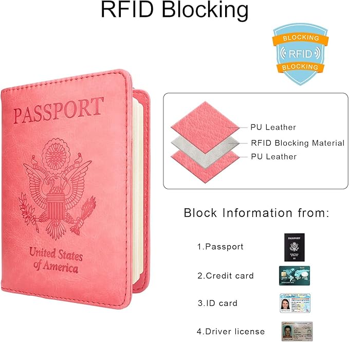 WALNEW Passport Holder for Travel, RFID Passport Cover Wallet for Women Men, PU Leather Passport Book Card Holder Case with Pen, Travelling Essentials for Flying