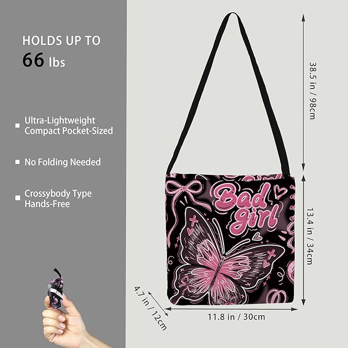 BeeGreen Butterfly Ultimate Crossbody Tote Bag - Reusable Grocery Shopping Bag - Foldable Compact Portable Machine Washable