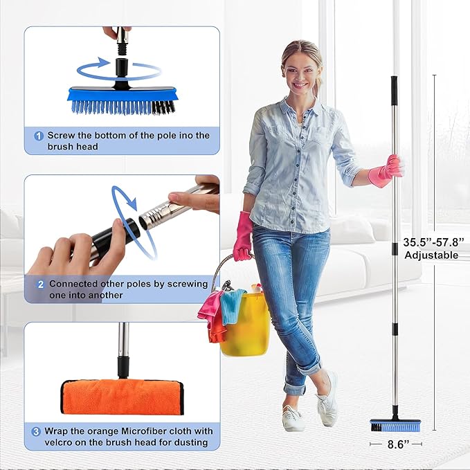 Grout Cleaner Brush with Long Handle, V-Shaped Floor Scrub Brush Swivel Grout Brush Stiff Bristle Floor Grout Scrubber for Bathroom, Tile Line, Crevice, Kitchen, Wall, Deck, Garage (Blue)