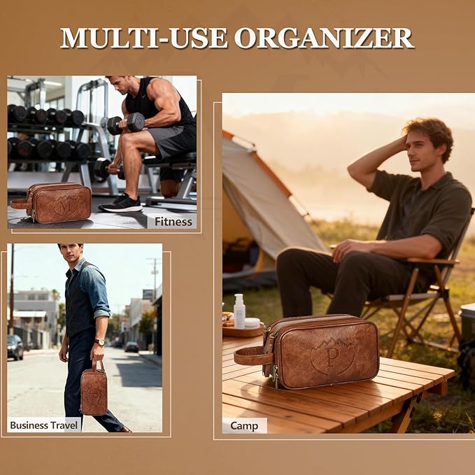 Travel Toiletry Bag for Men,Mens Shaving Bags for Toiletries,Men's Toiletry Travel Bag Leather,Personalized Travel Essentials,Birthday Gifts For Men,Brown- P