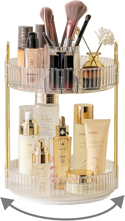 360 Rotating Makeup Organizer, 2 Tier Large Capacity Make Up Organizers and Storage, Skincare Perfume Vanity Organizers, Bathroom Cosmetics Storage Organizer Countertop (Clear)