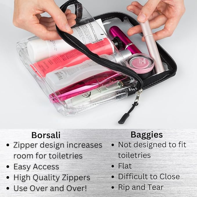 BORSALI TSA Approved Toiletry Bag - Clear Quart Size for 3-1-1 Carry On Travel - Makeup Organizer Cosmetic Pouch with Zipper - Travel Accessories - Gray