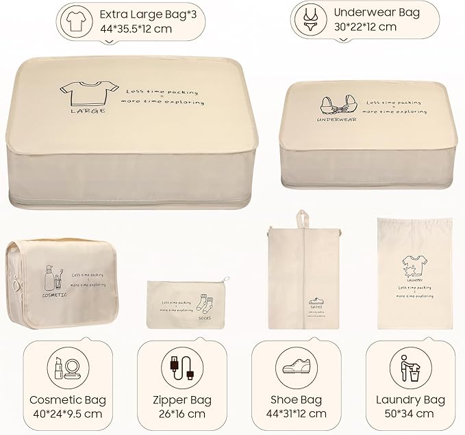 SKYREH 8 Set Travel Packing Organizers - Luggage Organizer for Suitcase Organization with Hanging Toiletry, Shoe & Laundry Bags, Packing Cubes for Travel Essentials, Cute Gifts for Women, Beige