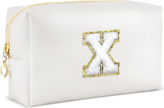 Gifts for Girls Initial Makeup Bag Personalized Cosmetic Bag with Zipper Cute Travel Toiletry Bags Waterproof PU Preppy Makeup Pouch Birthday Gift for Teen Girls Women(White X)