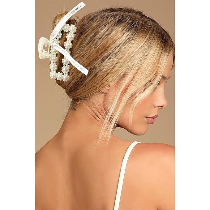 DEEKA Bridesmaid Proposal Gifts 8 Pack Pearl Bridesmaid Hair Claw Clips with Ribbon 3.7 Inch Large Hair Clips Bachelorette Party Favors Bridal Party Present Hair Accessories (Rectangle L)