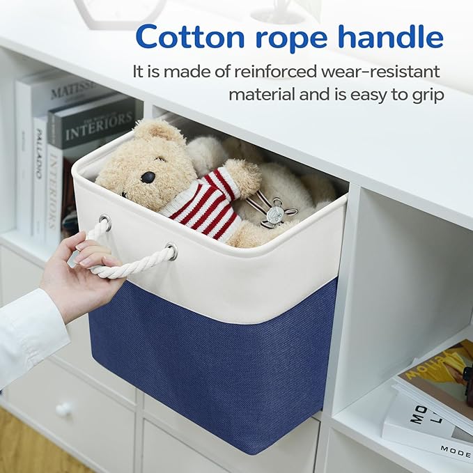 VQRTEXA 12 x 12 Inch Cube Storage Bins, 4 Pack Fabric Storage Basket with Handles, Foldable Boxes Organizer for Shelf Baskets for Home, Clothes (White/Blue)