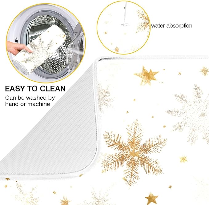 Winter Snowflake White Dish Drying Mat for Kitchen Countertop 18x24 Christmas Snow Golden Xmas Large Drying Mat Reusable Quick Dry Dish Sink Mats Easy Clean Decorative Essentials