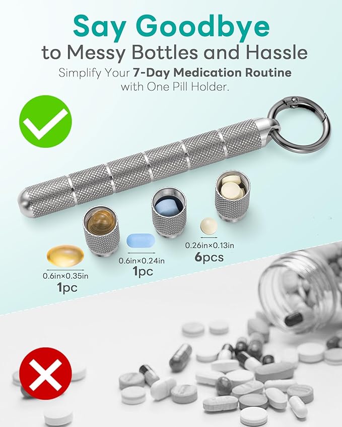 TISUR Titanium Keychain Pill Holder Small Metal Pill Case, Pill Organizer Portable Waterproof Pill Container, Travel Pill Bottle Box for Purse (Tiny-0.39in 7 Separate Compartments)