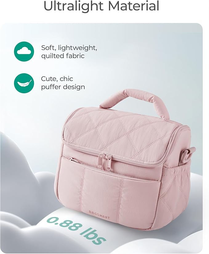 BAGSMART Insulated Lunch Bags for Women, Cute Quilted Lunch Box, Lightweight Puffy Padded Waterproof Lunch Tote, Reusable Lunch Cooler for Work Picnic Travel, Pink