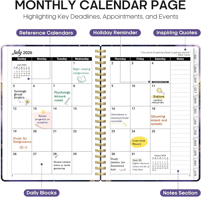 Planner 2026-2027, Academic Year Weekly and Monthly Calender Planner, from Jul 2026 - Jun 2027, Spiral Bound School Planning Book, Perfect for Teacher, Student, Women & Men, A4 (8.5" x 11"), Cosmic Amethyst