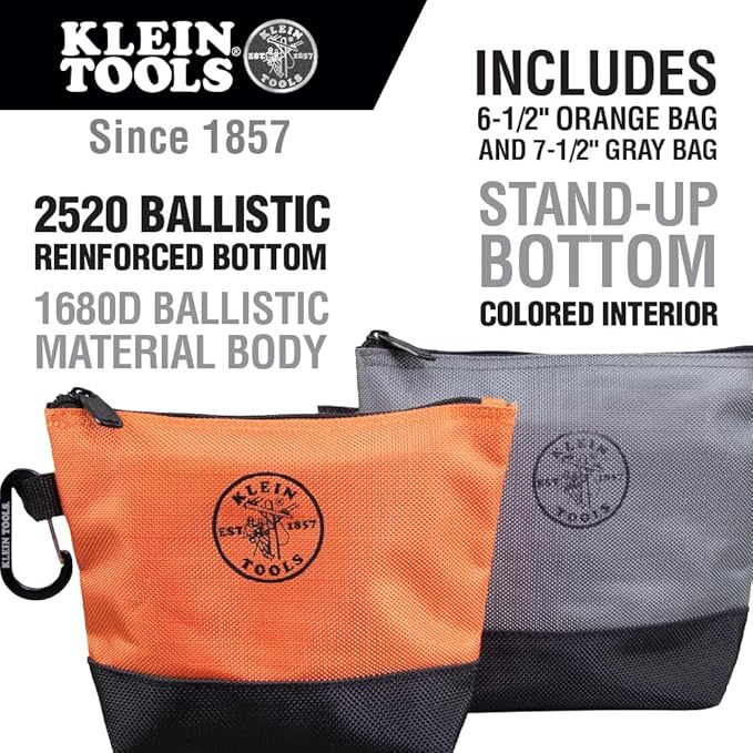 Klein Tools 55470 Utility Bag, Stand-Up Zipper Tool Bags, Tough 1680d Ballistic Weave, Reinforced Bottoms, Orange/Black, Gray/Black, 4-Pack